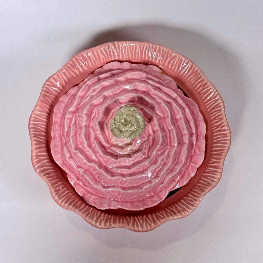 Vintage 1956 Miramar of California Pink Cabbage Leaf Covered Dish 644 Rosebud